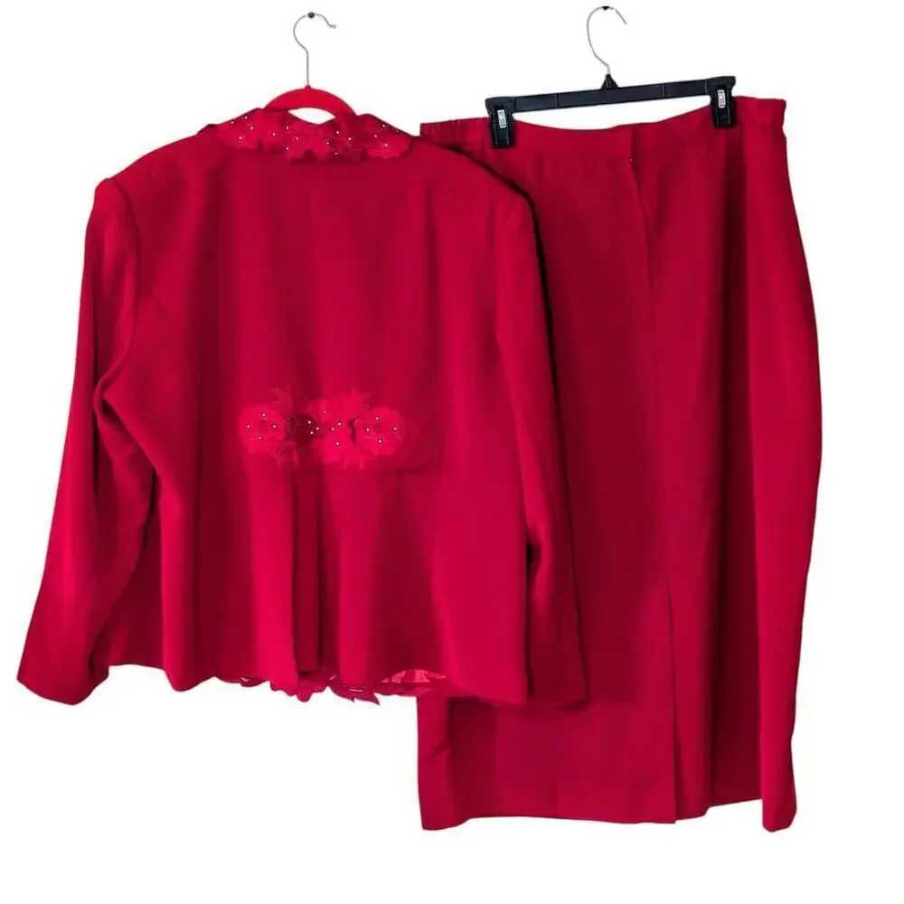 Ben Marc International Fancy Red Skirt Suit Set Plus Size 18 Jewel Button